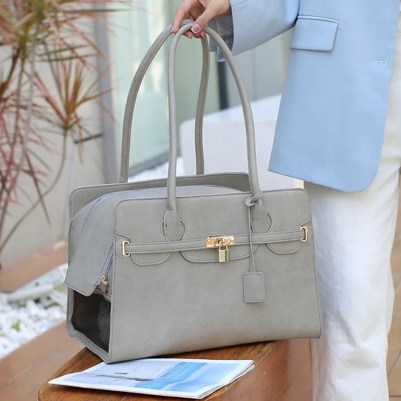 femme debout a cote de sac de transport pour chien