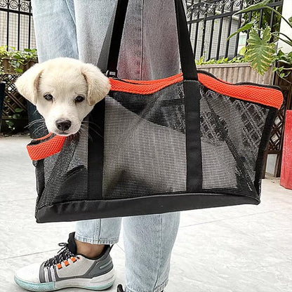 femme tient sac de transport chien avec chien dedans