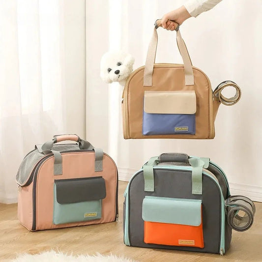 femme tient sac transport chien-avec-chien-dedans 