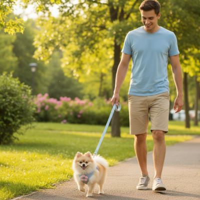 homme-marche-avec-petit-chien-qui-porte-harnais -pour -petit -chien -bleu